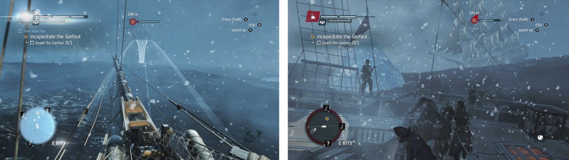 Once you have spotted the ship (left) you&rsquo;ll have to take it down - be sure to avoid the ice bergs for that optional objective (right).