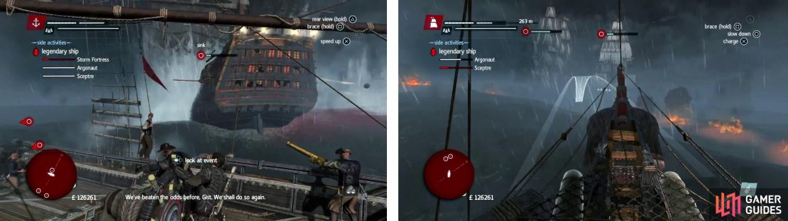 Once the Storm Forttress&rsquo;s health drops enough, two more ships will appear. Quickly finish off the main threat (left) before taking on the newcomers (right).