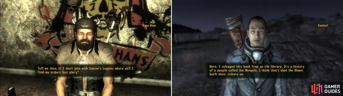 After the alliance has been broken, Papa Khan will need some new direction for the Great Khans (left). If you can&rsquo;t pass the Speech checks required, you can always get some help from the Followers of the Apocalypse (right).