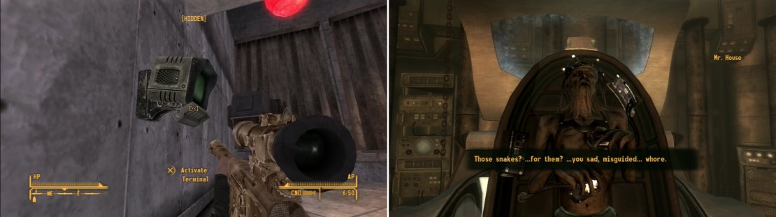 Break into Mr. House&rsquo;s antechamber by using the Terminals in his Penthouse (left). Confronted, Mr. House has some&hellip; unkind words for you and the NCR (right).