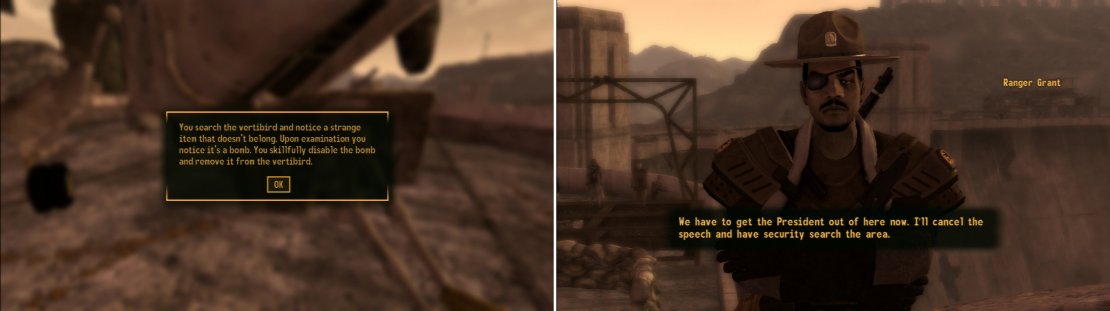 After an Engineer tampers with the President&rsquo;s vertibird, disarm the bomb placed on it (left) and tell Ranger Grant to cut short the President&rsquo;s visit (right).