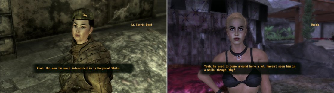 Ask Boyd about the missing people and she&rsquo;ll tell you about Corporal White (left), after which you&rsquo;ll have to talk to Dazzle, his favorite prostitute at Gomorrah (right).
