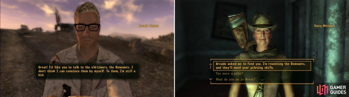Earn Arcade Gannon&rsquo;s trust and he&rsquo;ll ask you to help gather the remnants (left). Talk to the remnants, tell them of the reunion, then listen to Arcade aftewards for some backstory (right).