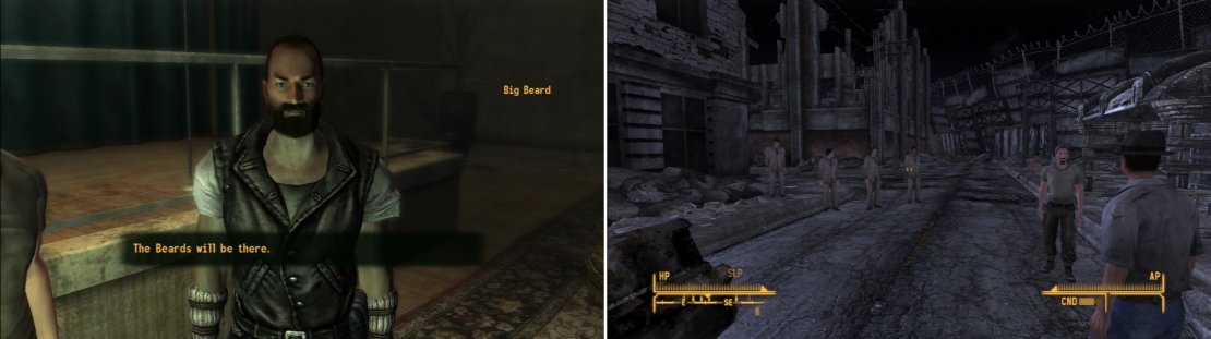 If you head over to the Atomic Wrangler you can recruit The Beards, who will provide muscle during the escape (left). As you flee through Freeside, you&rsquo;ll be stopped by some Omerta Thugs (right).