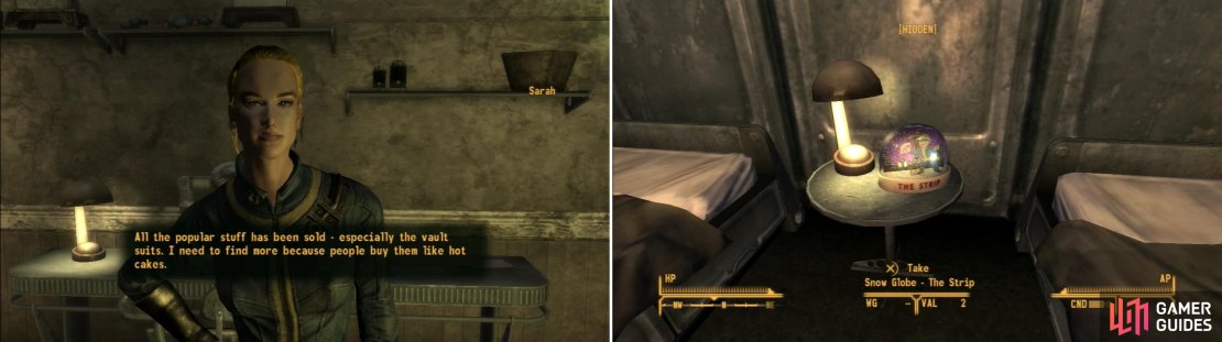 Talk to Sarah and she&rsquo;ll ask you to bring her back Vault Suits; top selling items for Vault 21 (left). In the underground hotel itself you can find the Snow Globe - The Strip (right).
