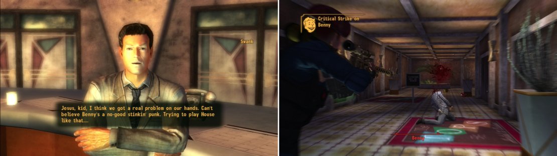 Show Swank evidence you&rsquo;ve collected against Benny and he&rsquo;ll help you deal with his fink of a boss (left). If you get Swank&rsquo;s help you&rsquo;ll get your weapons back, which you can use to kill Benny without interference from the majority of the Chairmen (right).