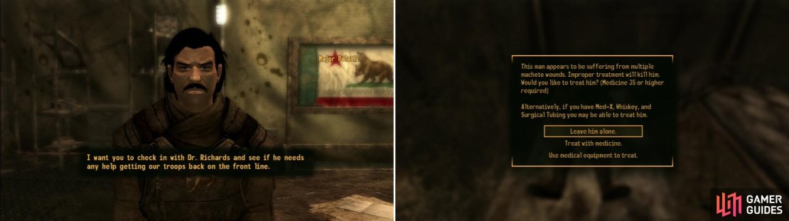 After helping out Quartermaster Mayes, return to Major Polatli and he&rsquo;ll refer you to Dr. Richards, who needs some help tending to the wounded (left). Performing a series of Medicine checks on the three injured soldiers should ease the doctor&rsquo;s workload&hellip; one way or another (right).