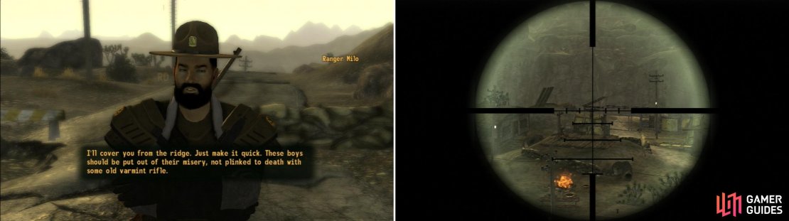 Agree to help Ranger Milo deal with some capture NCR Troopers (left), and by deal with, he means &ldquo;mercy killing&rdquo;, a task at which Ratslayer excels (right).