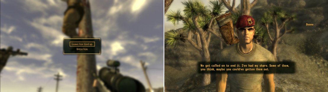 If you&rsquo;re too much of a badass to take Ranger Milo&rsquo;s approach, storm Nelson and rescue the NCR captives (left) an action which Boone approves of greatly (right).