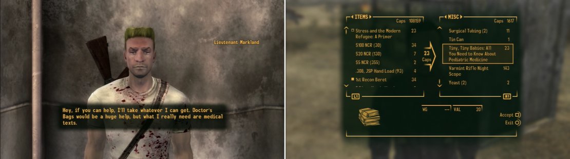 Lieutenant Markland is doing the best he can, but you&rsquo;ll need to get him some supplies so he can properly help the refugees at Bitter Springs (left). Some of these, including relevant books, can be obatined by buying them from Blake at the Crimson Caravan Company compound (right).