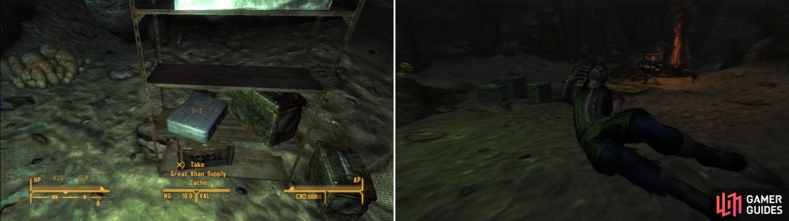 Search the caves around Bitter Springs to find Great Khan Supply Caches, which Bitter Springs desperately needs (left). In one of the caves you&rsquo;ll find the Great Khan Oscar Velasco, who you should either immediately snipe before he detects you (to avoid Great Khans Infamy) or engage in diplomacy, if your Great Khans Fame is good (right).