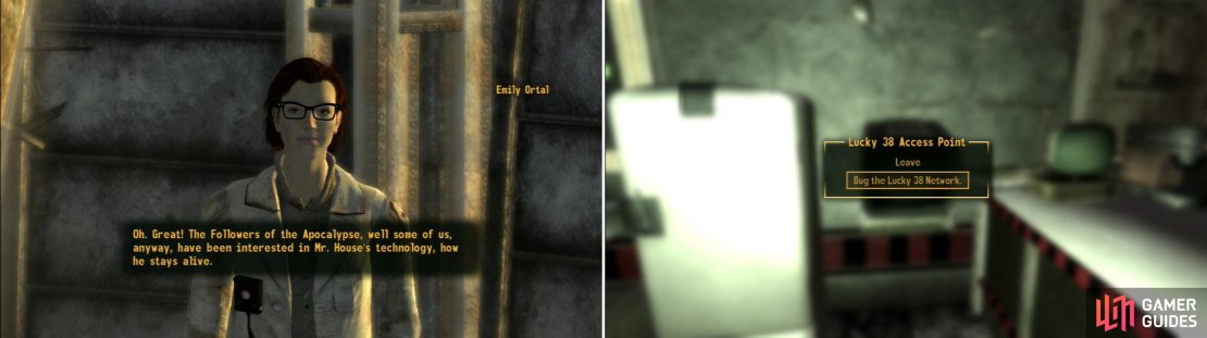 After meeting with Mr. House after the quest Ring-a-Ding-Ding, Emily Ortal will ask you to bug Mr. House&rsquo;s mainframe (left). The terminal in the Casino level of the Lucky 38 is a fine target for this bug (right).