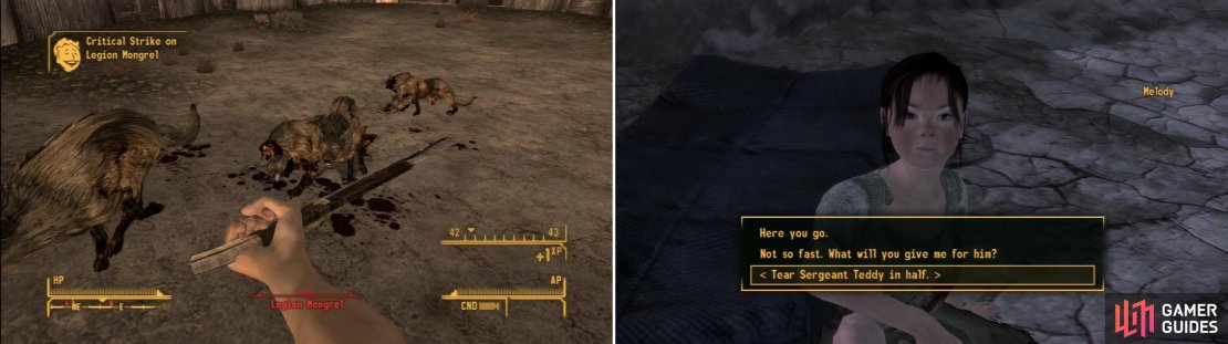 One of the ways you can recover Sergeant Teddy is by fighting several of Antony&rsquo;s hounds (left). You can then give Sergeant Teddy back to Melody, or prepare her for some harsh Legion treatment (right).