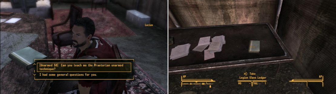 If your Fame with the Legion is high, Lucius will teach you the Legion Takedown unarmed attack (left). Be sure to grab the Legion Slave Ledger from inside Caesar&rsquo;s Tent complex before you leave (right).