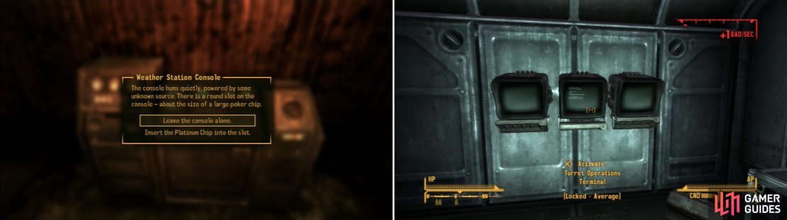 Use The Platinum Chip to gain access to Mr. House&rsquo;s bunker under Fortification Hill (left). You&rsquo;ll make your life a lot easier if you hack some terminals and disable the security in the bunker (right).