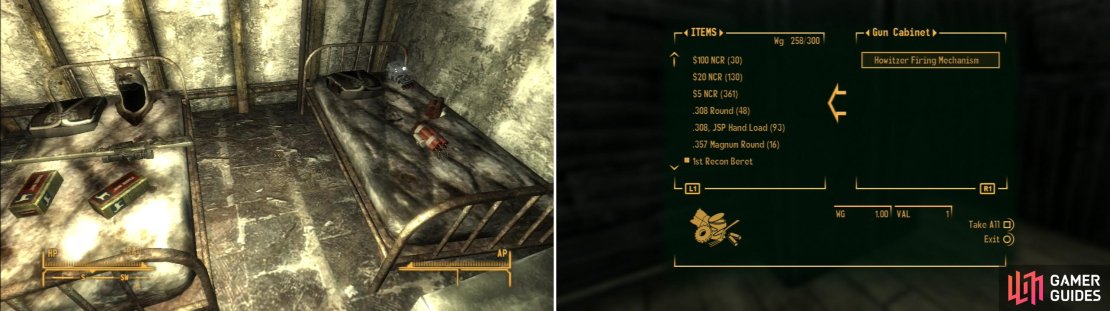You can score some choice loot if you get the Caesar&rsquo;s Legion Safehouse Key (left). Obtain a Howitzer Firing Mechanism for Lucius by looting a Gun Cabinet in the Nellis Workshop building (right).