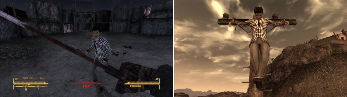 After you do Caesar&rsquo;s will in the bunker below Fortification Hill, you can deal with Benny however you please. Fighting him fairly in the arena is a fair, gratifying way to get revenge (left), but you can also choose to have him crucified, for a more sadistic, vindictive Courier (right).