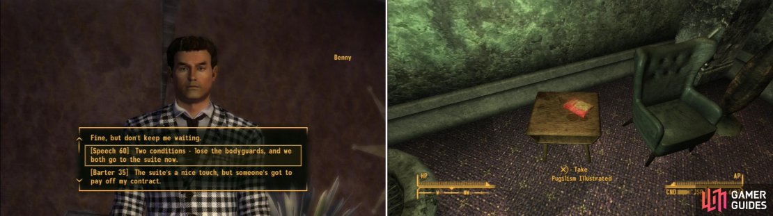 Confront Benny and, unless you have the Black Widow perk, you&rsquo;ll probably end up lured to the Presidential Suite, either alone or with Benny (left). Here you can find a copy of Pugilism Illustrated (right).