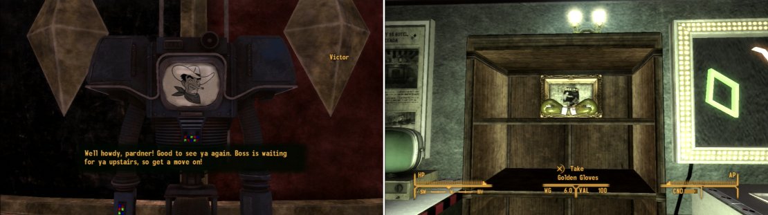 Approach the Lucky 38 and you&rsquo;ll find that you have the unique privilege of being allowed inside (left). Inside, on the Casino level, you can find some Golden Gloves on a shelf (right).