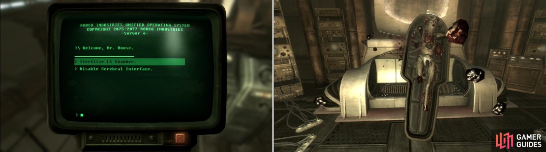 When you reach the Control Room, you can - after chatting with Mr. House - choose to sterilize his life support chamber (left). Of course, doing this while Mr. House is still hooked up to it will&hellip; have some rather disgusting consequences (right).