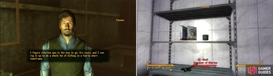 Clanden needs to kill a lot of people. Quickly. (left) You can steal the chlorine he needs for his murderous ambitions from the Ultra-Luxe (right) or you can buy it from Mick and Ralph&rsquo;s.