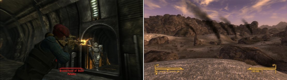 If you can&rsquo;t be bothered to activate the self destruct mechanism (why waste a perfectly good bunker?) you can just murder all the Brotherhood of Steel members (left). The black plumes signal the destruction of the Hidden Valley bunker (right).