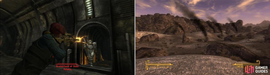 If you can&rsquo;t be bothered to activate the self destruct mechanism (why waste a perfectly good bunker?) you can just murder all the Brotherhood of Steel members (left). The black plumes signal the destruction of the Hidden Valley bunker (right).