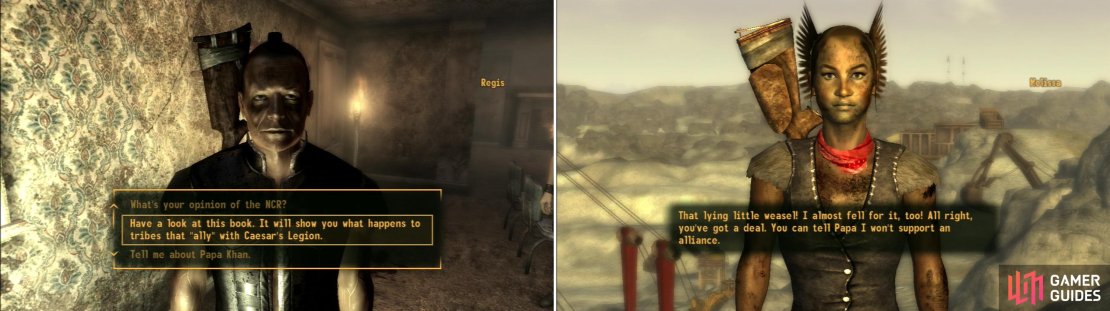 Show the Legion Slave Ledger to Regis (left) and convince the rest of Papa Khan&rsquo;s trusted Khans to back out of an alliance with Caesar&rsquo;s Legion (right).