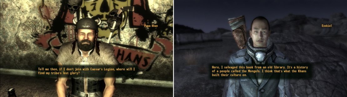 After the alliance has been broken, Papa Khan will need some new direction for the Great Khans (left). If you can&rsquo;t pass the Speech checks required, you can always get some help from the Followers of the Apocalypse (right).