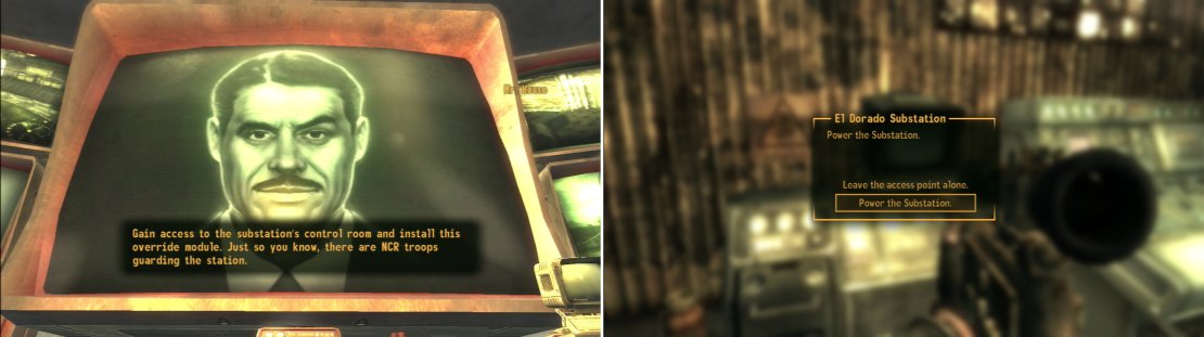 Return to Mr. House after rescuing the President and he&rsquo;ll give you your next task (left). Sneak into the El Dorado Substation and use Mr. House&rsquo;s Override Chip to jumpstart the Lucky 38&rsquo;s reactor (right).