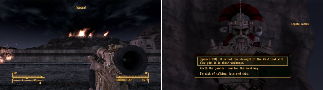 The flames rising from Caesar&rsquo;s camp on Fortification Hill signify the arrival - and efficacy - of Mr. House&rsquo;s Securitron army (left). You can get rid of Legate Lanius through force, or diplomacy (right).