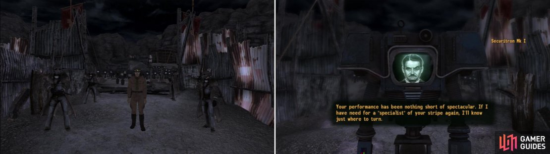 General Oliver&rsquo;s tiresome speech is cut short by the arrival of Mr. House&rsquo;s Securitron army (left). After either using some careful diplomacy or a few bullets to get rid of the NCR, Mr. House will congratulate you on your victory (right).