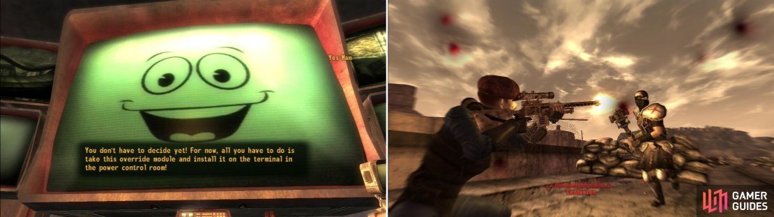Yes Man will present you two ways you can achieve victory in the Second Battle of Hoover Dam (left). Whatever your goals, it&rsquo;ll involve fighting your way through plenty of hostile Legion (and also possibly NCR) troops (right).