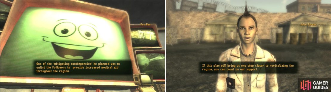 After installing the Override Chip at the El Dorado Substation you can get some advice from Yes Man about how to keep Freeside calm during the upcoming battle (left). Convince Julie Farkas to get the Followers of the Apolcalypse to help keep things quiet while you&rsquo;re at the Hoover Dam (right).