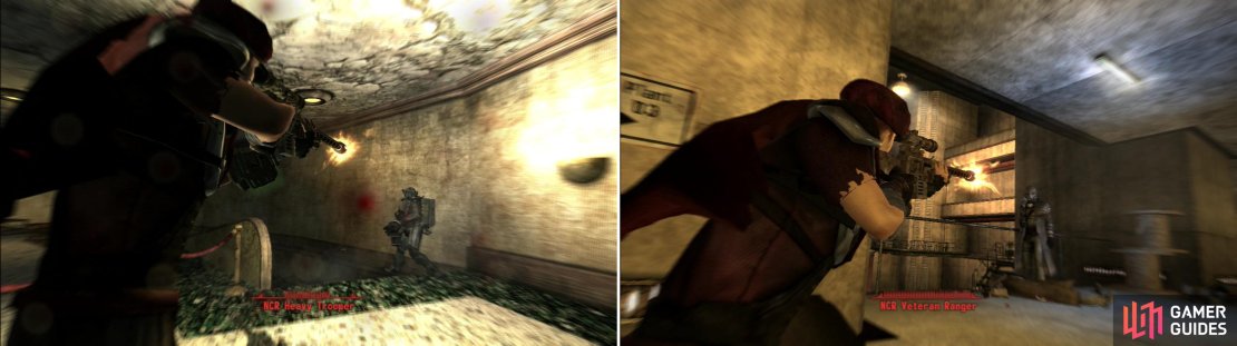 In the Hoover Dam Visitor&rsquo;s Center you&rsquo;ll encounter the first of the NCR&rsquo;s heavy infantry (left). The Veteran Rangers, the elite of the elite, lurk in the Power Plants (right).