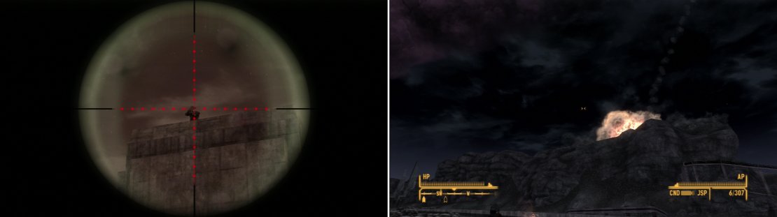 Counter-snipe the NCR Rangers in the towers on the eastern side of the dam (left) then witness the power of the Legion&rsquo;s Howitzer&hellip; if you repaired it during the quest I Can Hear You Knocking (right).