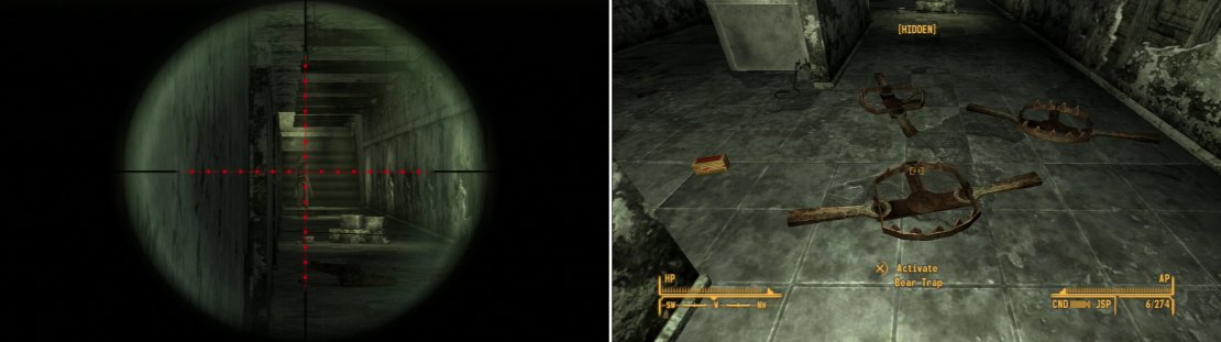 Snipe or be sniped; one of the Veteran Rangers on this level has an Anti-Material Rifle, and they&rsquo;re not afraid to stay on the other side of the room, behind their traps, and use it (left). Once the two Rangers are dead, disarm their myriad traps to make it through this room (right).