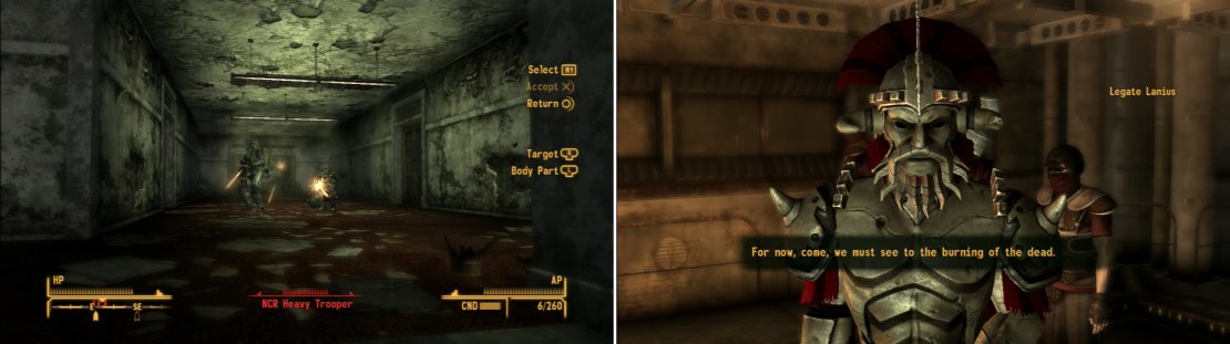 Kill General Oliver and his bodyguard of roughly half a dozen NCR Heavy Troopers (left) then report back to Legat Lanius to report the end of the battle (right).