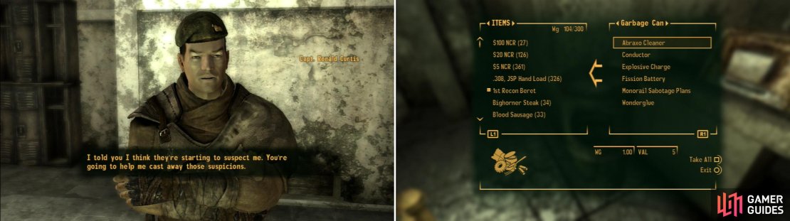 Once you reveal yourself as an ally of the Legion, Captain Curtis will cut you in on his scheme (left). Take the items you&rsquo;ll need to frame poor, oblivious Private Crenshaw out of a Garbage Can in the Terminal Building (right).