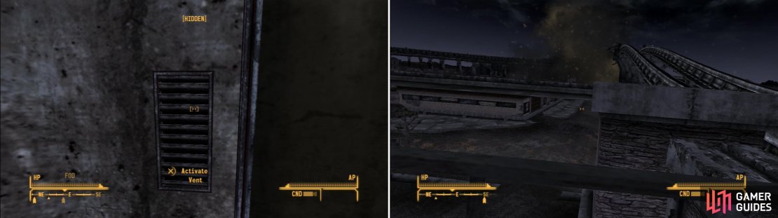 Plant the bomb on a vent in the train car (left), then watch it depart on its final voyage (right).