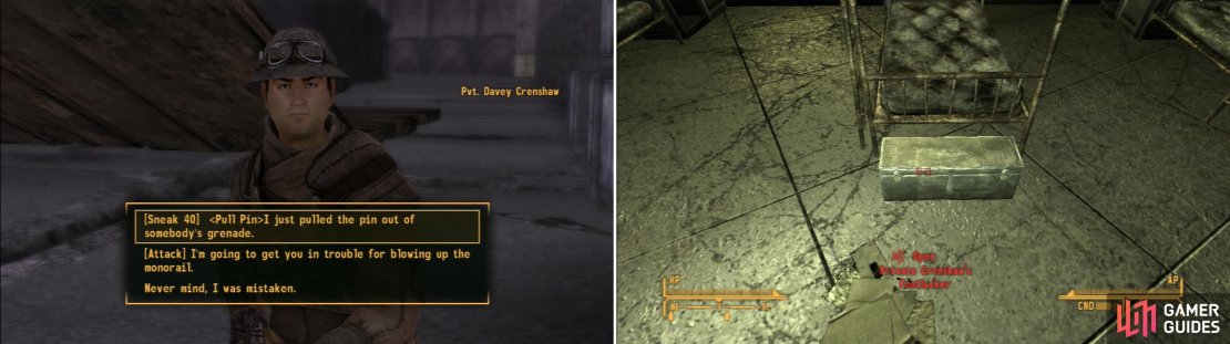 You can outright kill Private Crenshaw, if you&rsquo;re quiet, but it&rsquo;s more fun to play a little prank on him, instead (left). Once Private Crenshaw is out of the way, plant the evidence from the Garbage Can in his Footlocker to frame him (right).