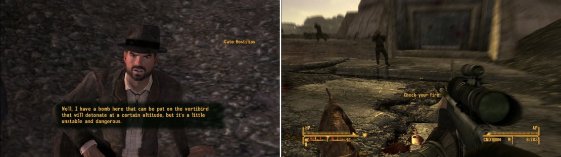 Prove that you&rsquo;re not incompetent with Explosives and Cato Hostilius will give you a bomb you can plant on the President&rsquo;s vertibird (left). Whatever you do, stay away from NCR Rangers patrolling around the Hoover Dam (right). Normal NCR Troopers may not see through your disguise, by Rangers will.