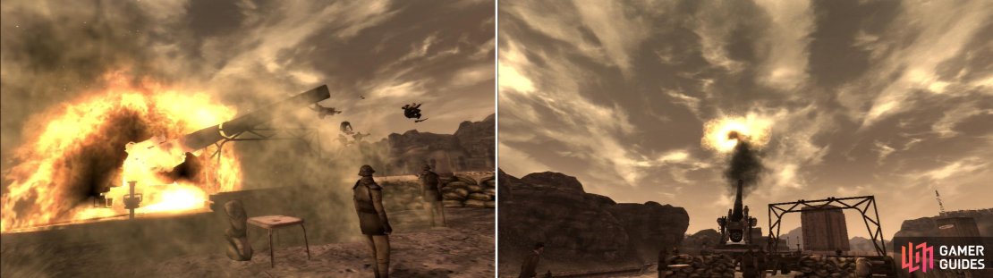 Sabotage the anti-aircraft gun to rig it to explode during the President&rsquo;s speech (see him flying through the air on the right side of the left photo? That&rsquo;s one dead bear!) (left). You can also activate the gun, which will cause it to shoot down the President&rsquo;s vertibird (right).
