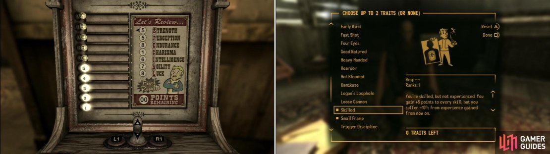 Assign your SPECIAL Attributes as you see fit (left) and assign whatever traits you wish to begin the game with (right). You&rsquo;ll get a chance to modify your characters shortly.