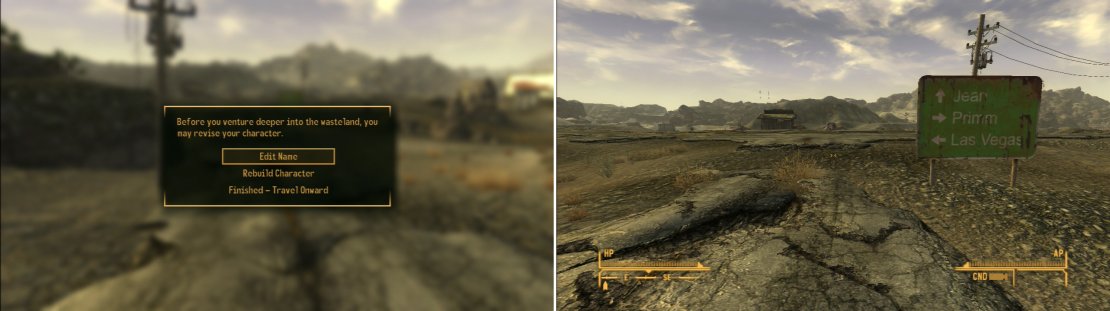 As you&rsquo;re about to leave Goodsprings, you&rsquo;ll get one final chance to modify your character (left). Once done, follow the road out of Goodsprings to reach the highway (right).