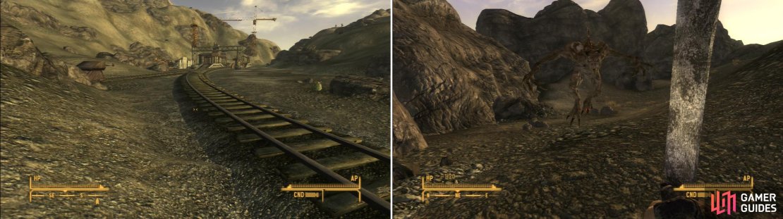 Follow the train tracks to - and past - the Emergency Service Railyard (left). Avoid Primm Pass, however, as it&rsquo;s guarded by a vicious Blind Deathclaw (right).