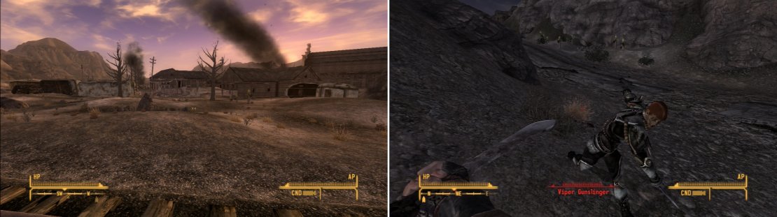 You can spot the town of Nipton west of the track tracks. Note the distinctive&hellip; ah&hellip; ominous plumes of smoke rising from the settlement (left). Avoid the road east, as it&rsquo;s guarded by a group of Viper Gangers (right).