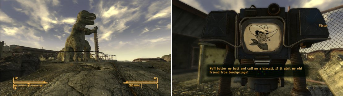 The big green dinosaur marks the location of Novac (left). If you visit Novac and talked to Victor back in Goodsprings, he&rsquo;ll be here waiting for you (right). What a&hellip; coincidence&hellip;