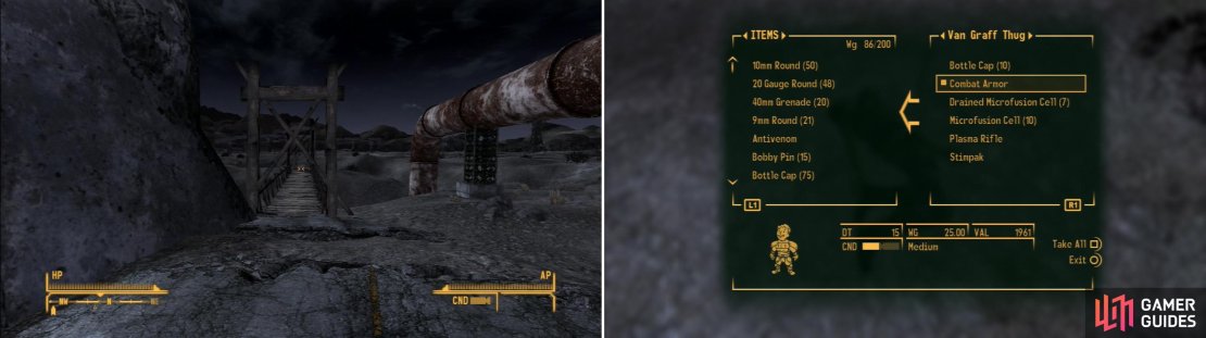 Follow the road north from The 188 Trading Post and cross a bridge to find Durable Dunn&rsquo;s Sacked Caravan (left). Here you can scavange some valuable suits of Combat Armor from some corpses (right).