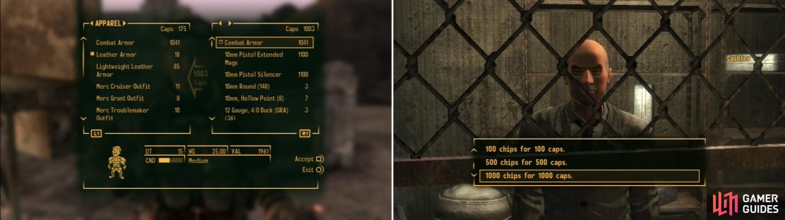 Sell a suit of Combat Armor at The 188 Trading Post (left) which will provide you with the initial Caps you&rsquo;ll need to fund your gambling (right).